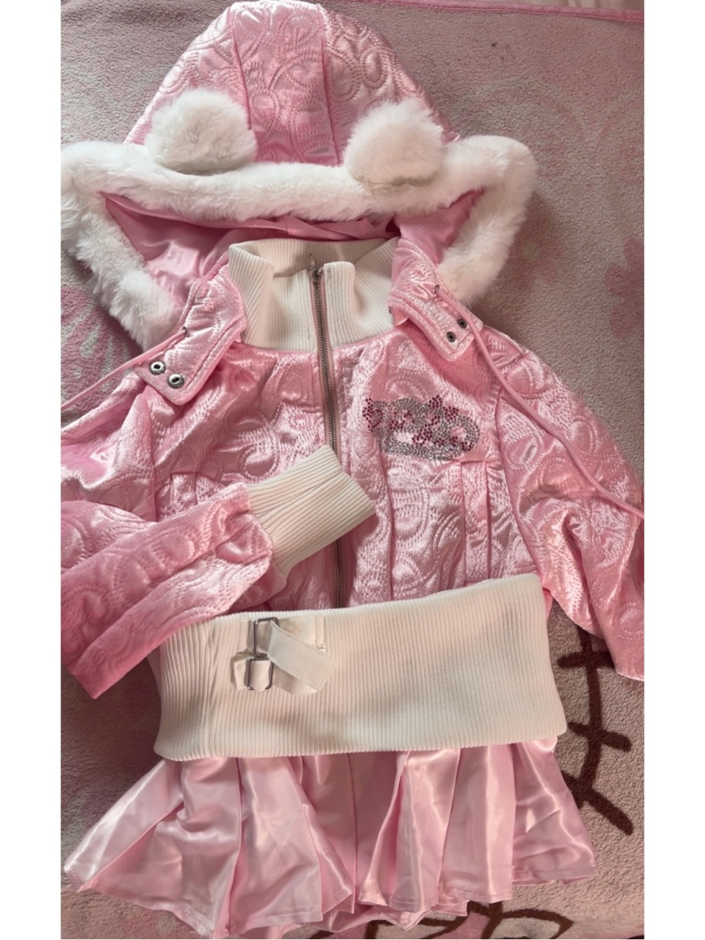 Pink Hime Gyaru Raver Furry Hoodie set
